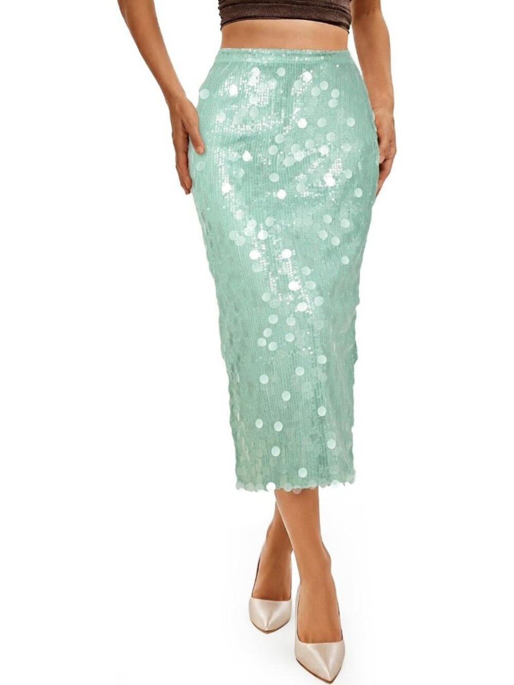 High Waist Sequin Midi Skirt with Side Slit - Stretchy Sparkle Skirt for Night